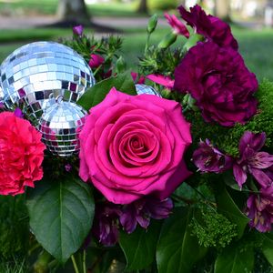 Preview wallpaper rose, flowers, leaves, disco ball, grass