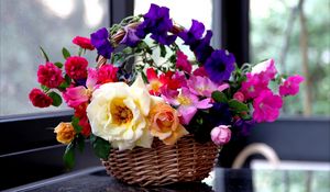 Preview wallpaper rose, garden, petunia, flowers, basket, composition