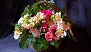 Preview wallpaper rose, gerbera, alstroemeria, flowers, herbs, basket, composition