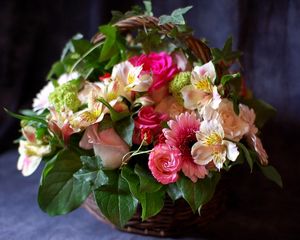 Preview wallpaper rose, gerbera, alstroemeria, flowers, herbs, basket, composition