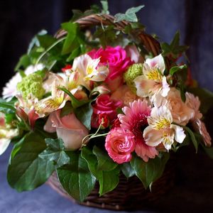 Preview wallpaper rose, gerbera, alstroemeria, flowers, herbs, basket, composition