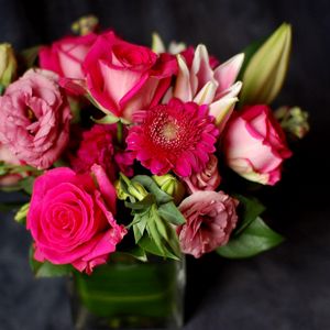 Preview wallpaper rose, gerbera, flowers, buds, bouquet, glass, composition