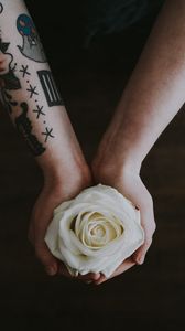 Preview wallpaper rose, hands, tattoo, flower, bud