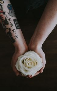 Preview wallpaper rose, hands, tattoo, flower, bud