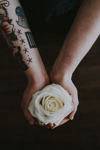 Preview wallpaper rose, hands, tattoo, flower, bud