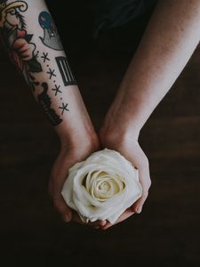 Preview wallpaper rose, hands, tattoo, flower, bud