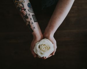 Preview wallpaper rose, hands, tattoo, flower, bud