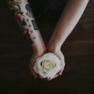 Preview wallpaper rose, hands, tattoo, flower, bud