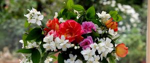 Preview wallpaper rose, jasmine, flowers, branches, leaves, flower, pitcher, table