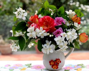 Preview wallpaper rose, jasmine, flowers, branches, leaves, flower, pitcher, table