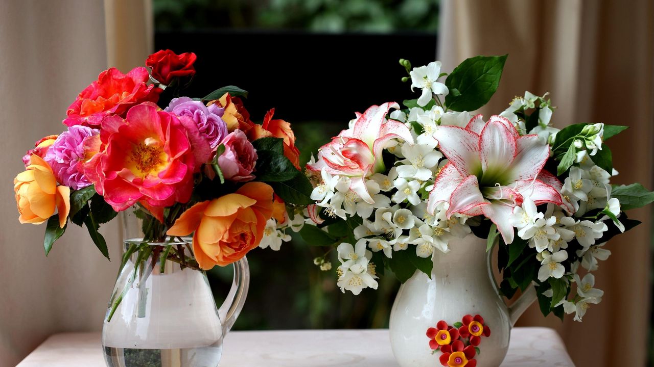Wallpaper rose, lily, jasmine, flowers, jars