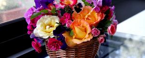 Preview wallpaper rose, petunia, pansy, flowers, composition, basket
