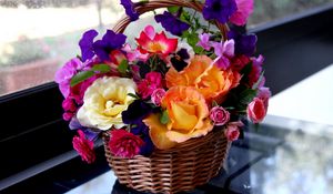 Preview wallpaper rose, petunia, pansy, flowers, composition, basket