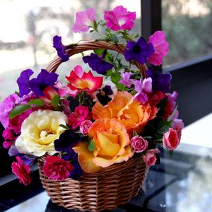 Preview wallpaper rose, petunia, pansy, flowers, composition, basket