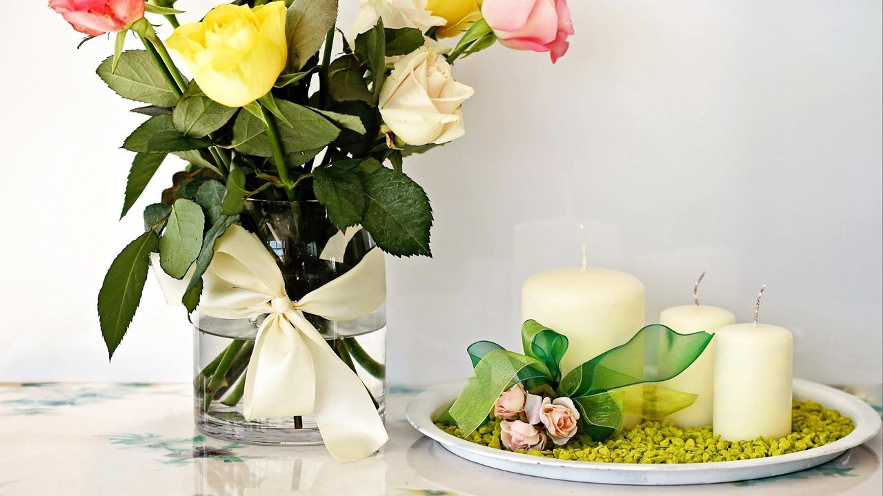 Wallpaper roses, bouquet, vase, candle, composition