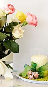 Preview wallpaper roses, bouquet, vase, candle, composition