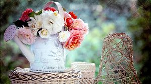 Preview wallpaper roses, buds, garden, flower, watering can, basket