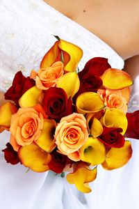 Preview wallpaper roses, calla lilies, bridal bouquet, groom, dress