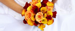 Preview wallpaper roses, calla lilies, bridal bouquet, groom, dress