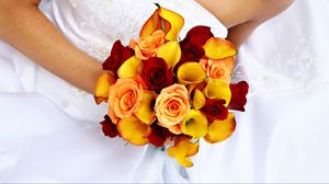 Preview wallpaper roses, calla lilies, bridal bouquet, groom, dress