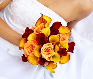 Preview wallpaper roses, calla lilies, bridal bouquet, groom, dress