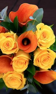 Preview wallpaper roses, calla lilies, flowers, flower, leaves, beautifully