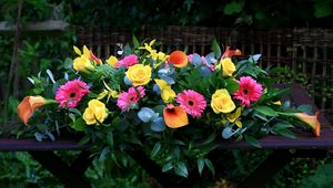 Preview wallpaper roses, calla lilies, gerbera, twigs, branches, leaves, composition, table