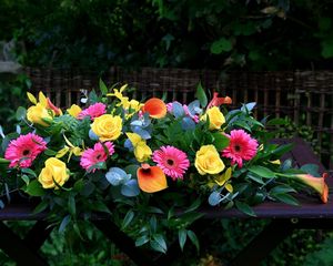 Preview wallpaper roses, calla lilies, gerbera, twigs, branches, leaves, composition, table