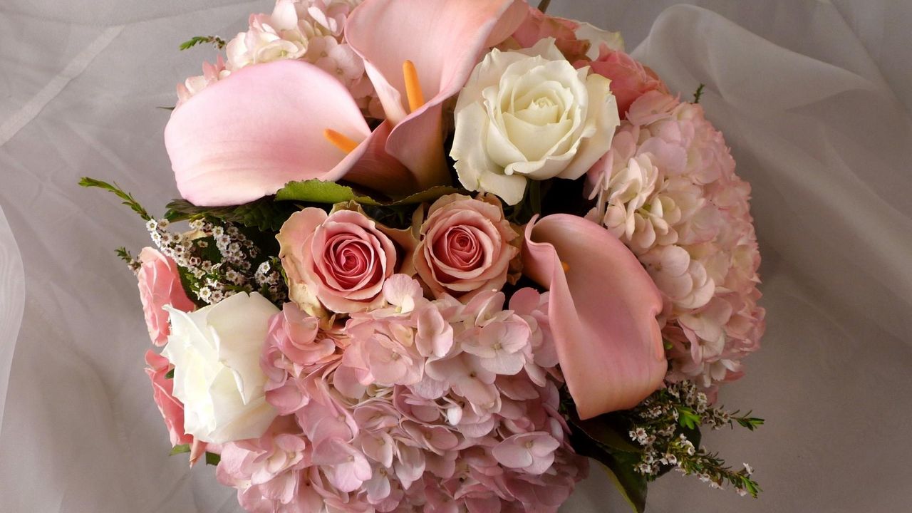 Wallpaper roses, calla lilies, hydrangea, tea tree, bouquet, tenderness, fabric