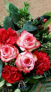 Preview wallpaper roses, carnations, flowers, leaves, herbs, composition, flavor