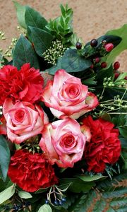 Preview wallpaper roses, carnations, flowers, leaves, herbs, composition, flavor