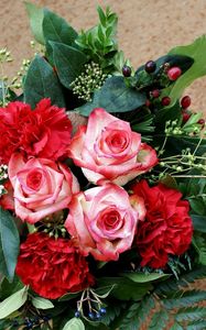 Preview wallpaper roses, carnations, flowers, leaves, herbs, composition, flavor