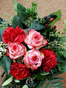 Preview wallpaper roses, carnations, flowers, leaves, herbs, composition, flavor