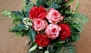 Preview wallpaper roses, carnations, flowers, leaves, herbs, composition, flavor