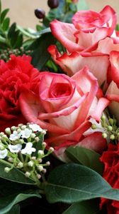Preview wallpaper roses, carnations, flowers, bouquet, leaves