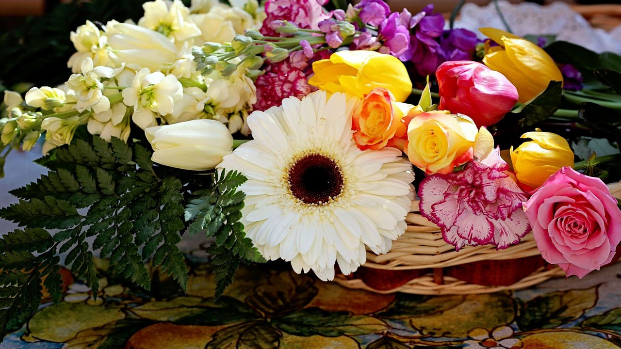 Wallpaper roses, carnations, gerberas, tulips, flowers, arrangement, basket