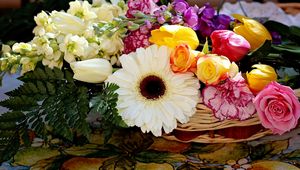 Preview wallpaper roses, carnations, gerberas, tulips, flowers, arrangement, basket