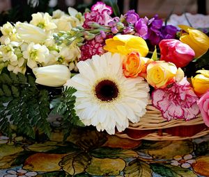 Preview wallpaper roses, carnations, gerberas, tulips, flowers, arrangement, basket