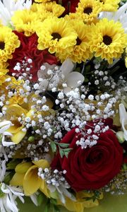 Preview wallpaper roses, chrysanthemums, carnations, gypsophila, bouquet, decor