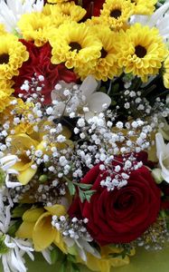 Preview wallpaper roses, chrysanthemums, carnations, gypsophila, bouquet, decor