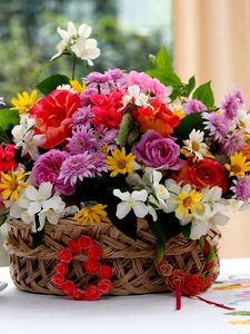 Preview wallpaper roses, chrysanthemums, flowers, table, basket, gorgeous, divine