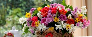 Preview wallpaper roses, chrysanthemums, flowers, table, basket, gorgeous, divine