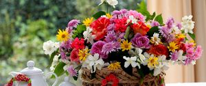 Preview wallpaper roses, chrysanthemums, flowers, table, basket, gorgeous, divine