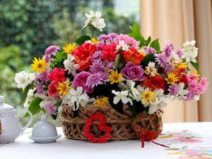 Preview wallpaper roses, chrysanthemums, flowers, table, basket, gorgeous, divine