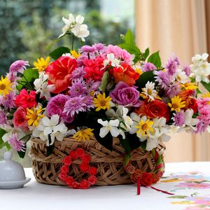 Preview wallpaper roses, chrysanthemums, flowers, table, basket, gorgeous, divine