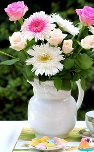 Preview wallpaper roses, chrysanthemums, flowers, bouquet, jar, food, tea set