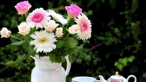 Preview wallpaper roses, chrysanthemums, flowers, bouquet, jar, food, tea set