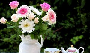 Preview wallpaper roses, chrysanthemums, flowers, bouquet, jar, food, tea set