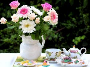 Preview wallpaper roses, chrysanthemums, flowers, bouquet, jar, food, tea set