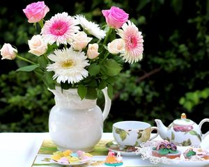 Preview wallpaper roses, chrysanthemums, flowers, bouquet, jar, food, tea set